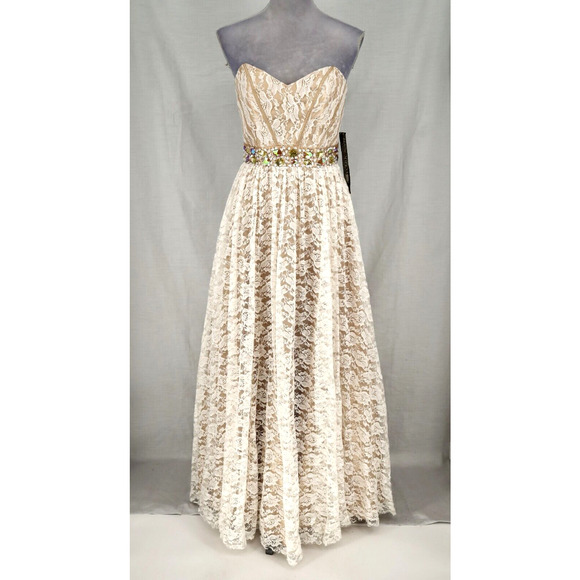 Masquerade Dresses & Skirts - Masquerade Dress Gown Juniors 7 8 Ivory Beige Lace Floral Rhinestone Formal New